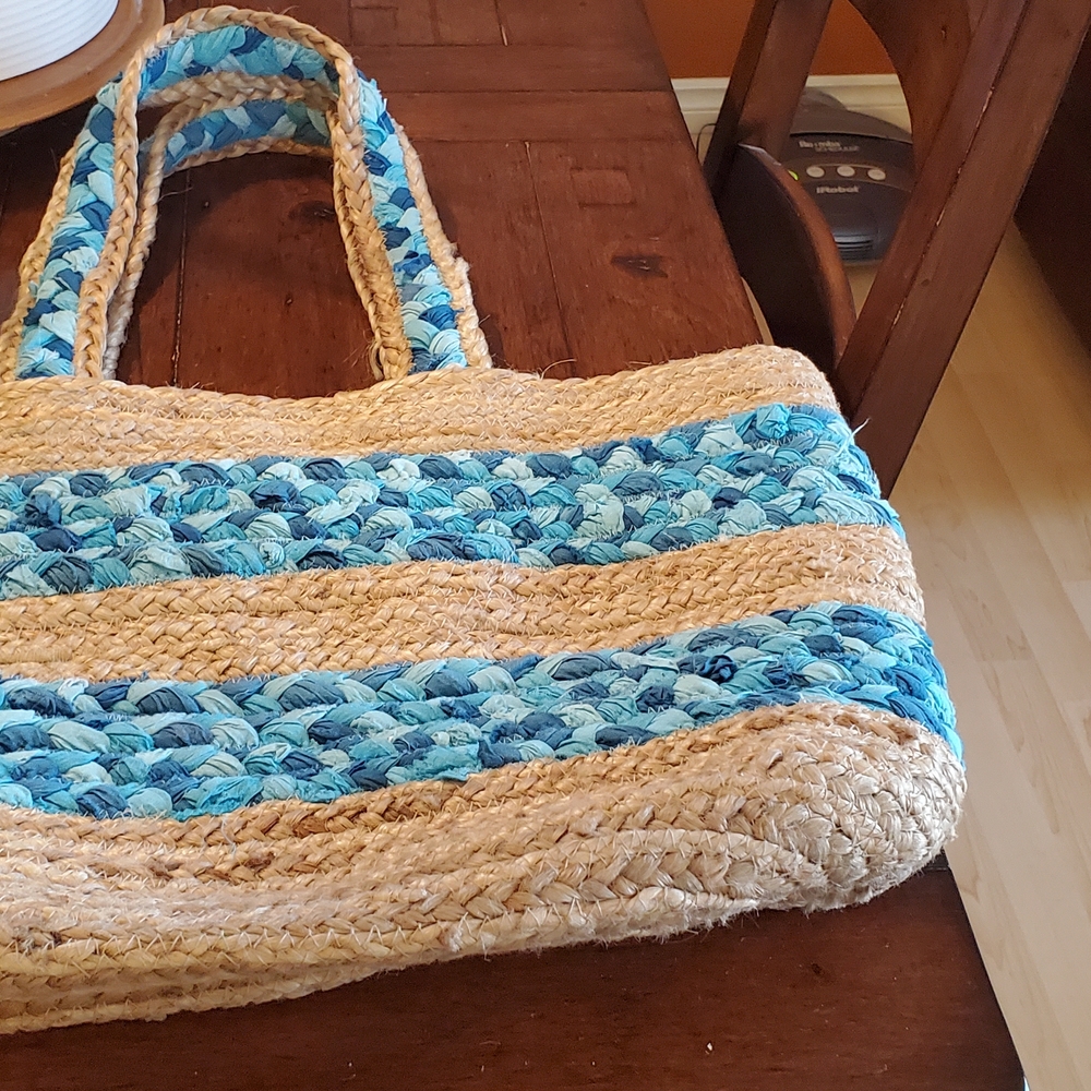 Blue and Tan Woven Tote Bag